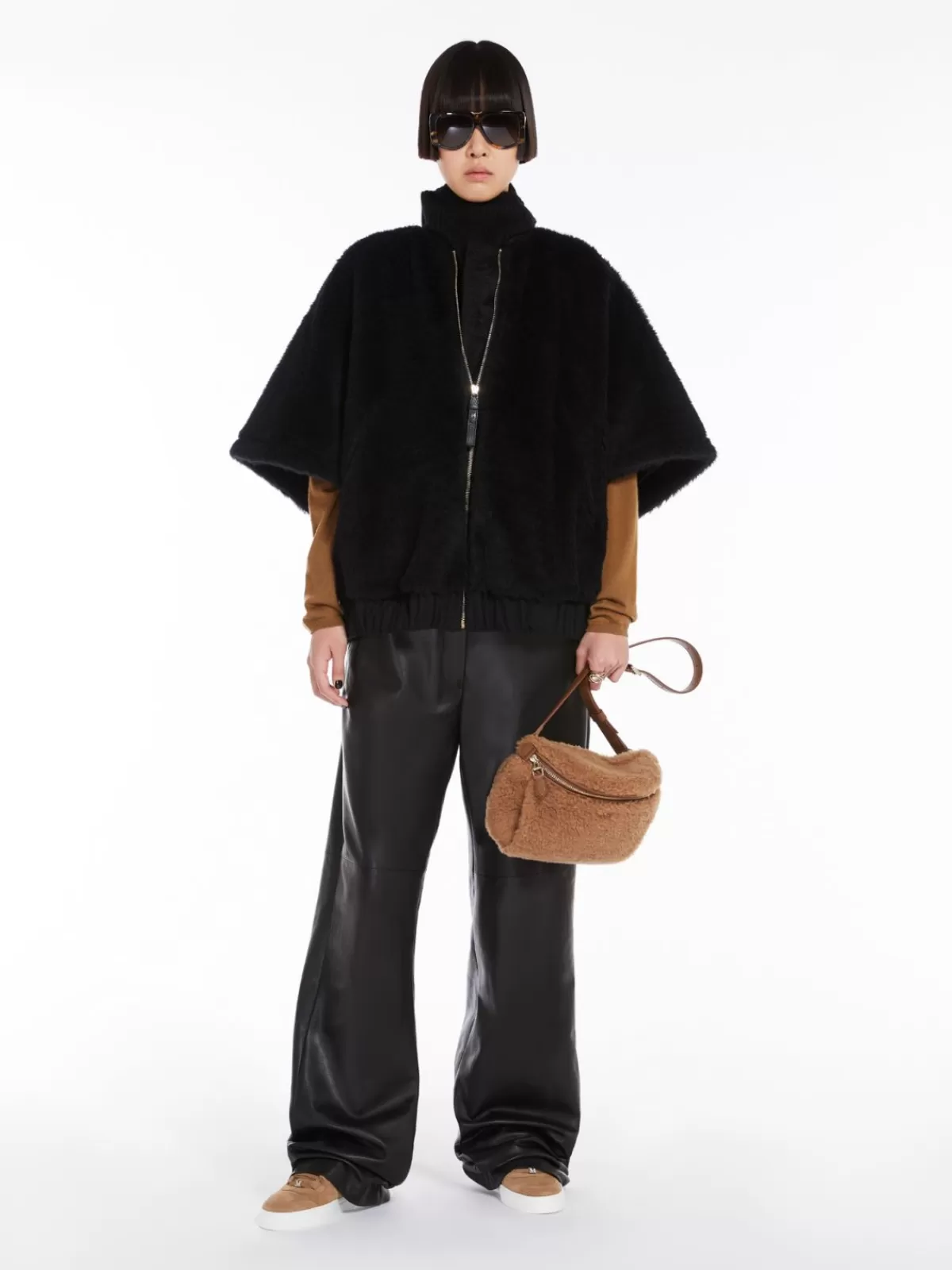 Capes*Max Mara Alpaca and wool Teddy fabric bomber jacket cape BLACK