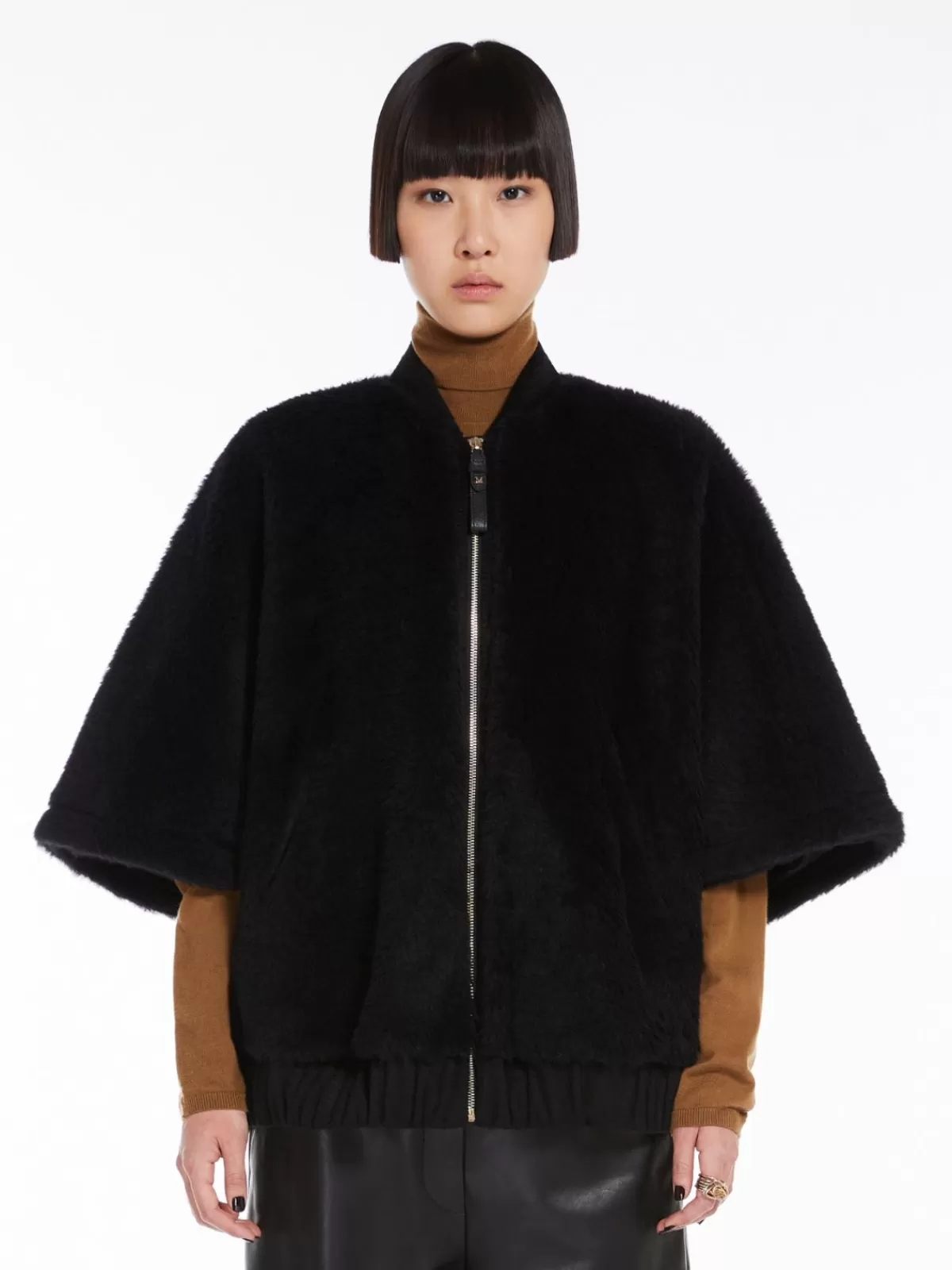 Capes*Max Mara Alpaca and wool Teddy fabric bomber jacket cape BLACK