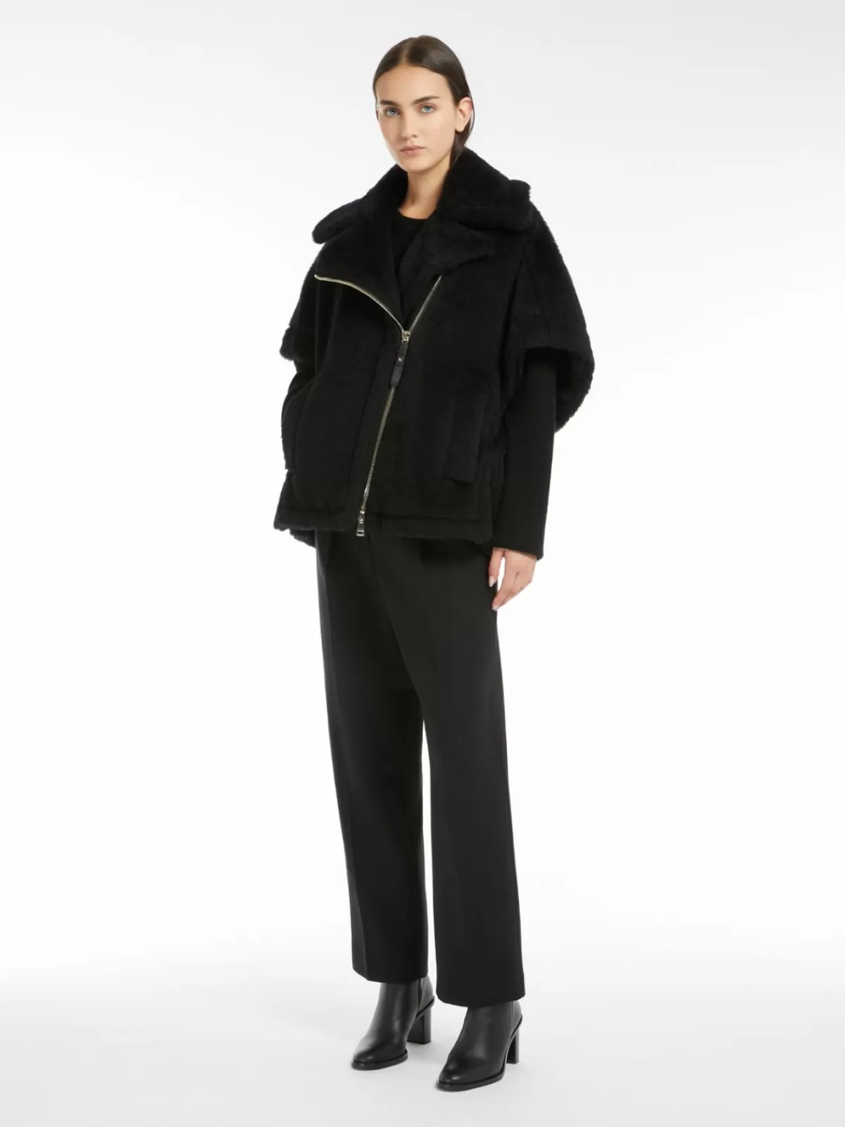 Capes*Max Mara Biker jacket cape in alpaca and wool Teddy fabric BLACK