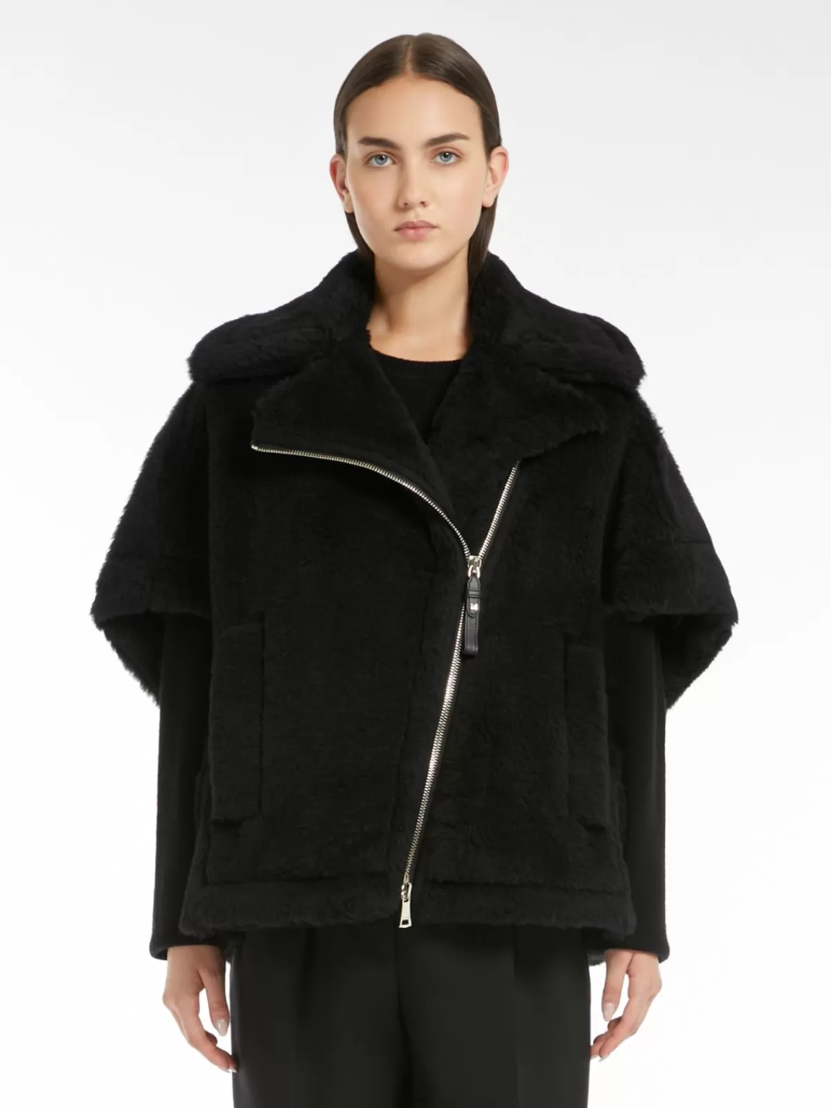 Capes*Max Mara Biker jacket cape in alpaca and wool Teddy fabric BLACK