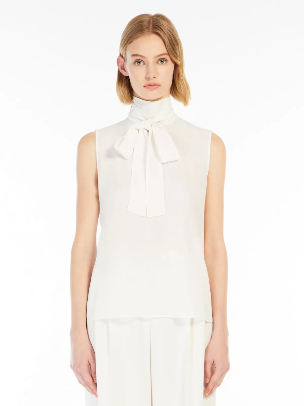 Blouses*Max Mara Crêpe de Chine top with bow WHITE