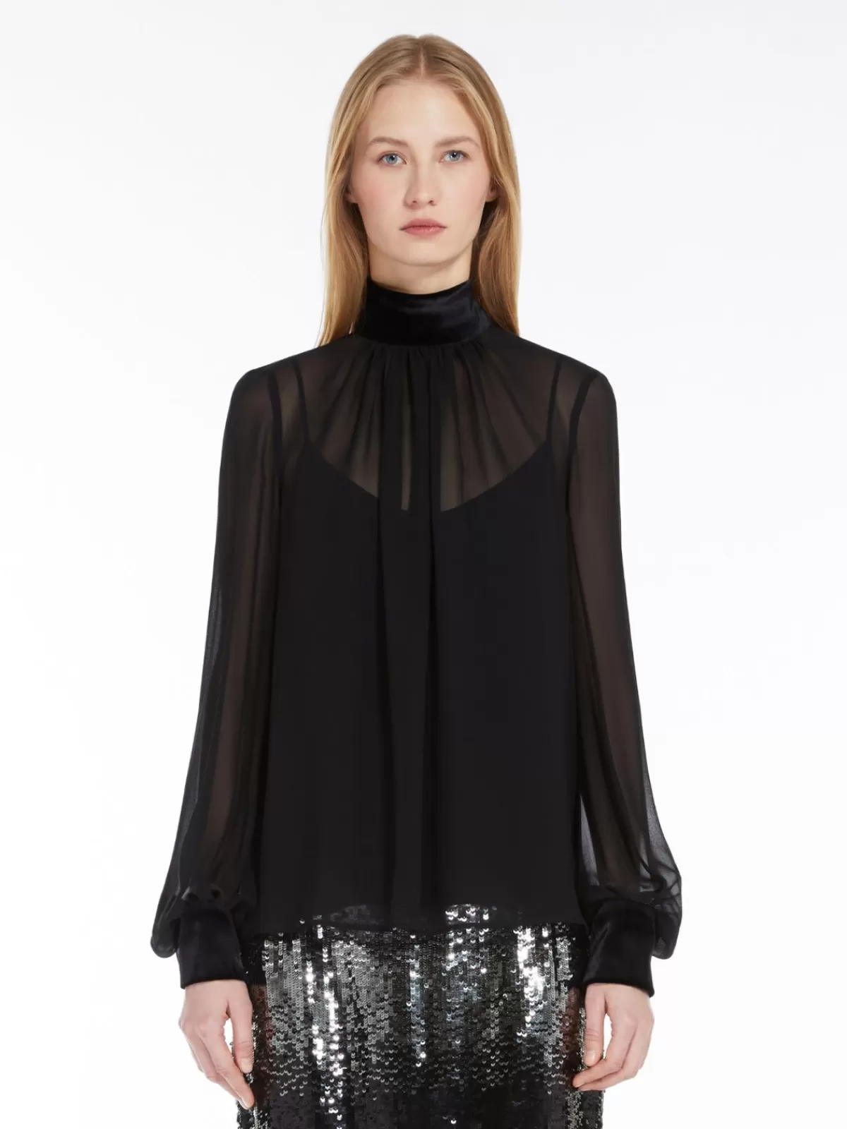 Blouses*Max Mara Georgette polo-neck blouse BLACK