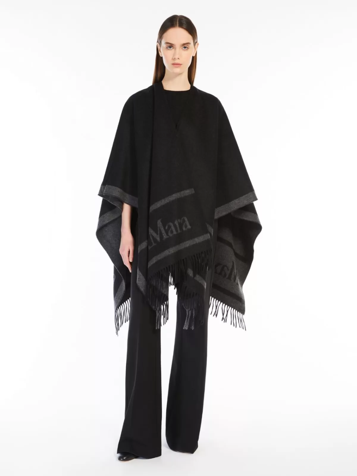 Capes*Max Mara Jacquard logo-decorated wool poncho BLACK