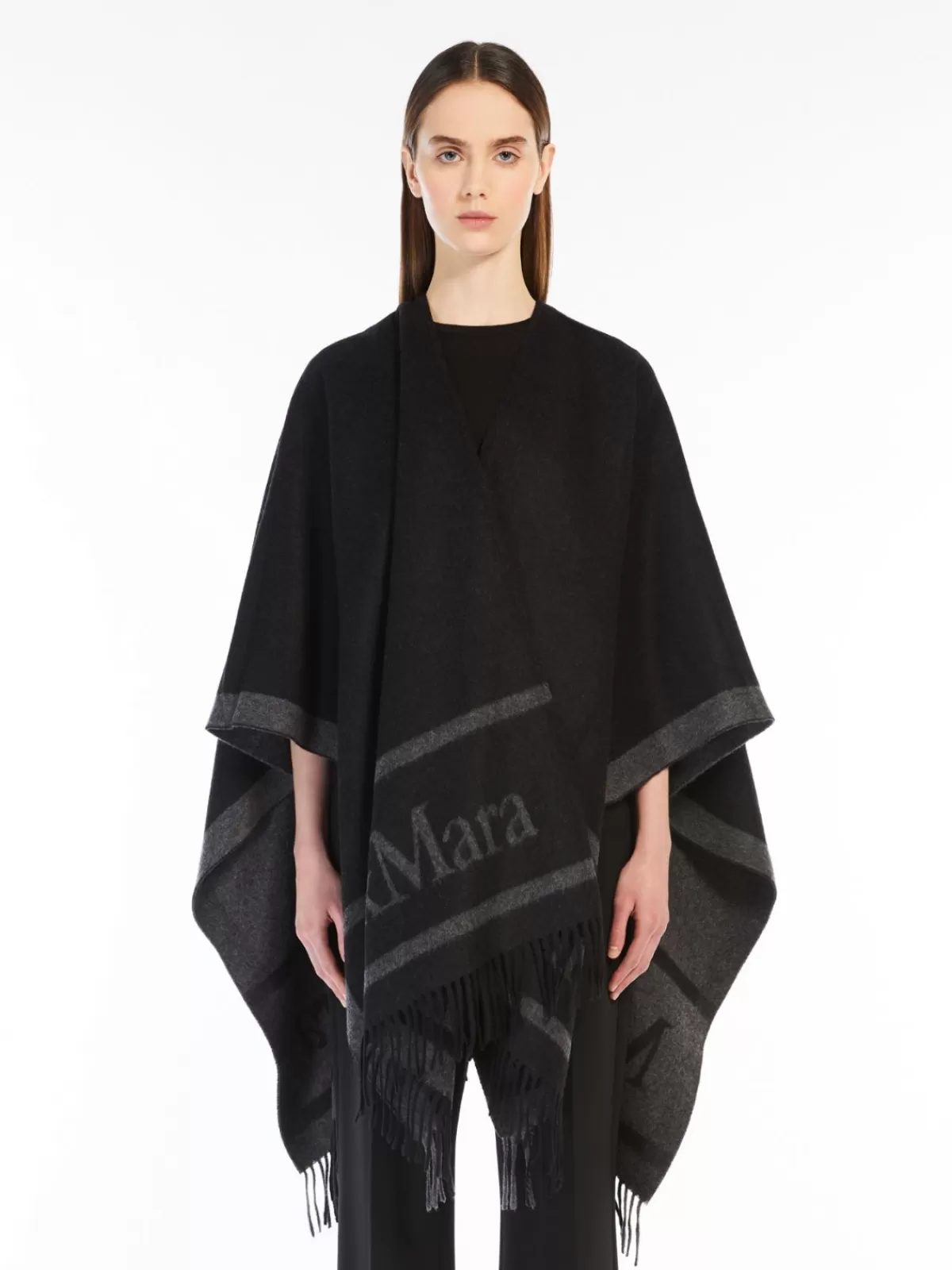 Capes*Max Mara Jacquard logo-decorated wool poncho BLACK