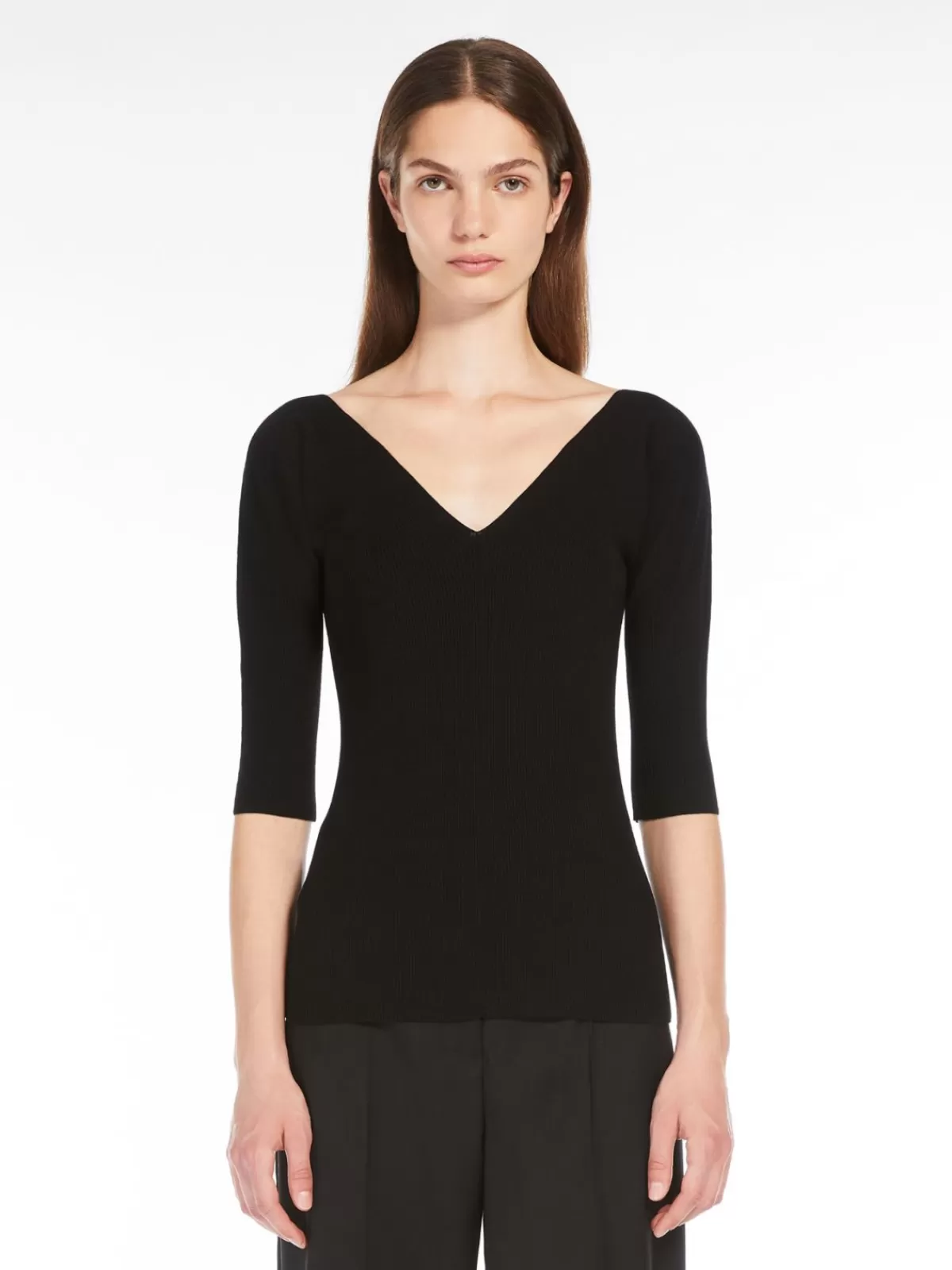 Knitwear*Max Mara Rib-knit viscose V-neck sweater BLACK