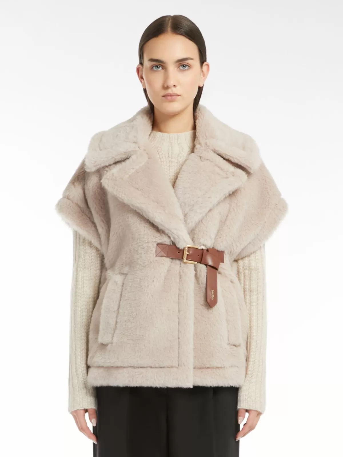 Capes*Max Mara Short cape in alpaca and wool Teddy fabric SAND