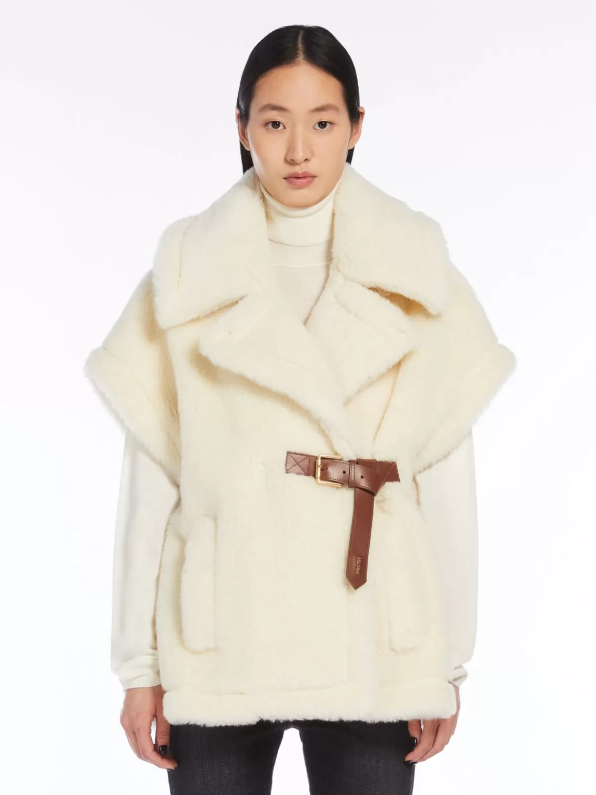 Capes*Max Mara Short cape in alpaca and wool Teddy fabric WHITE