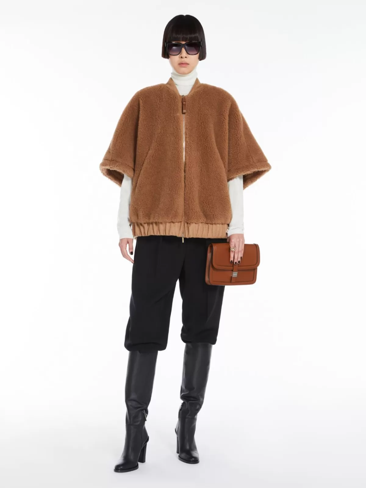 Capes*Max Mara Teddy fabric bomber jacket cape CAMEL