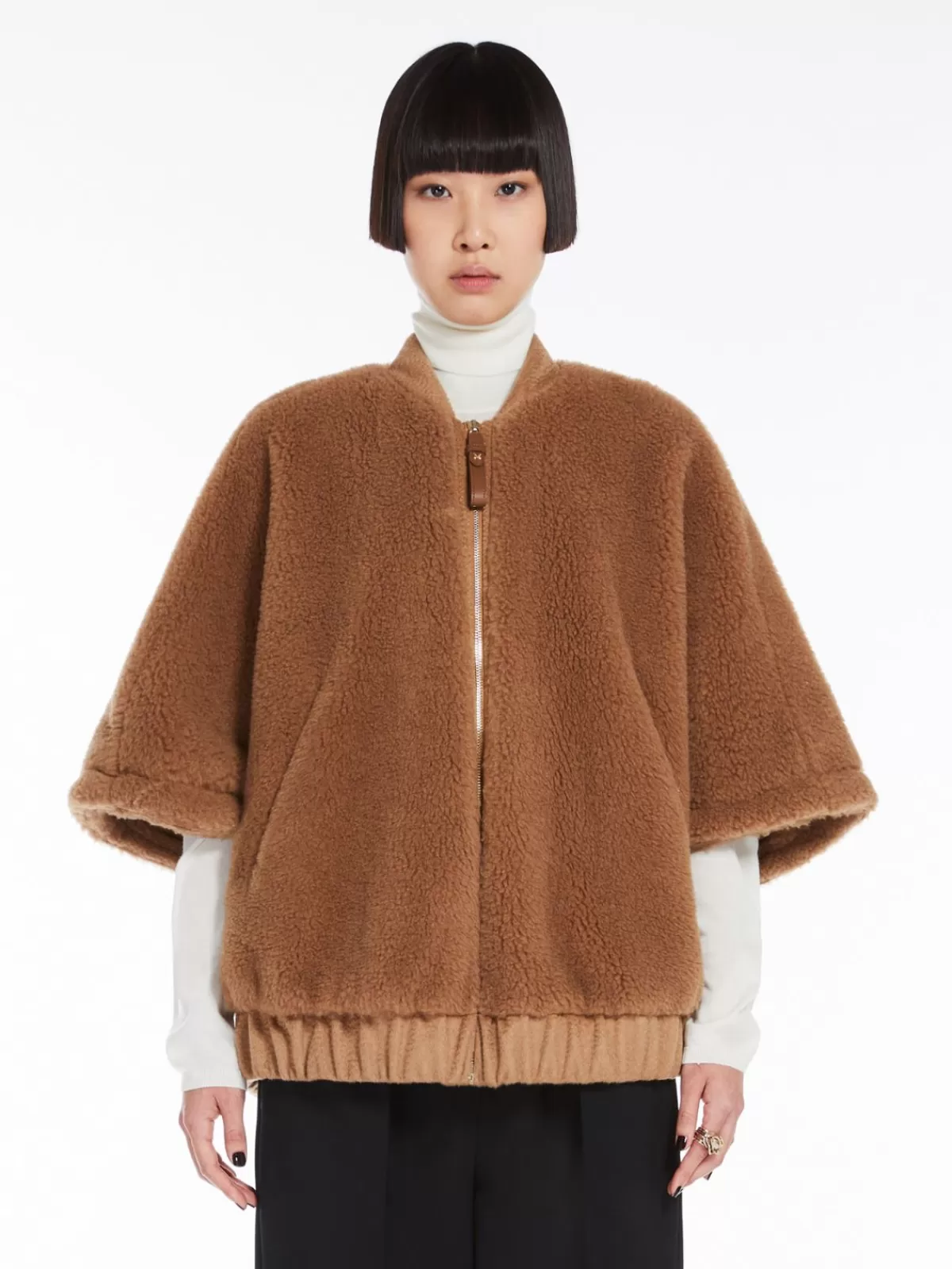 Capes*Max Mara Teddy fabric bomber jacket cape CAMEL