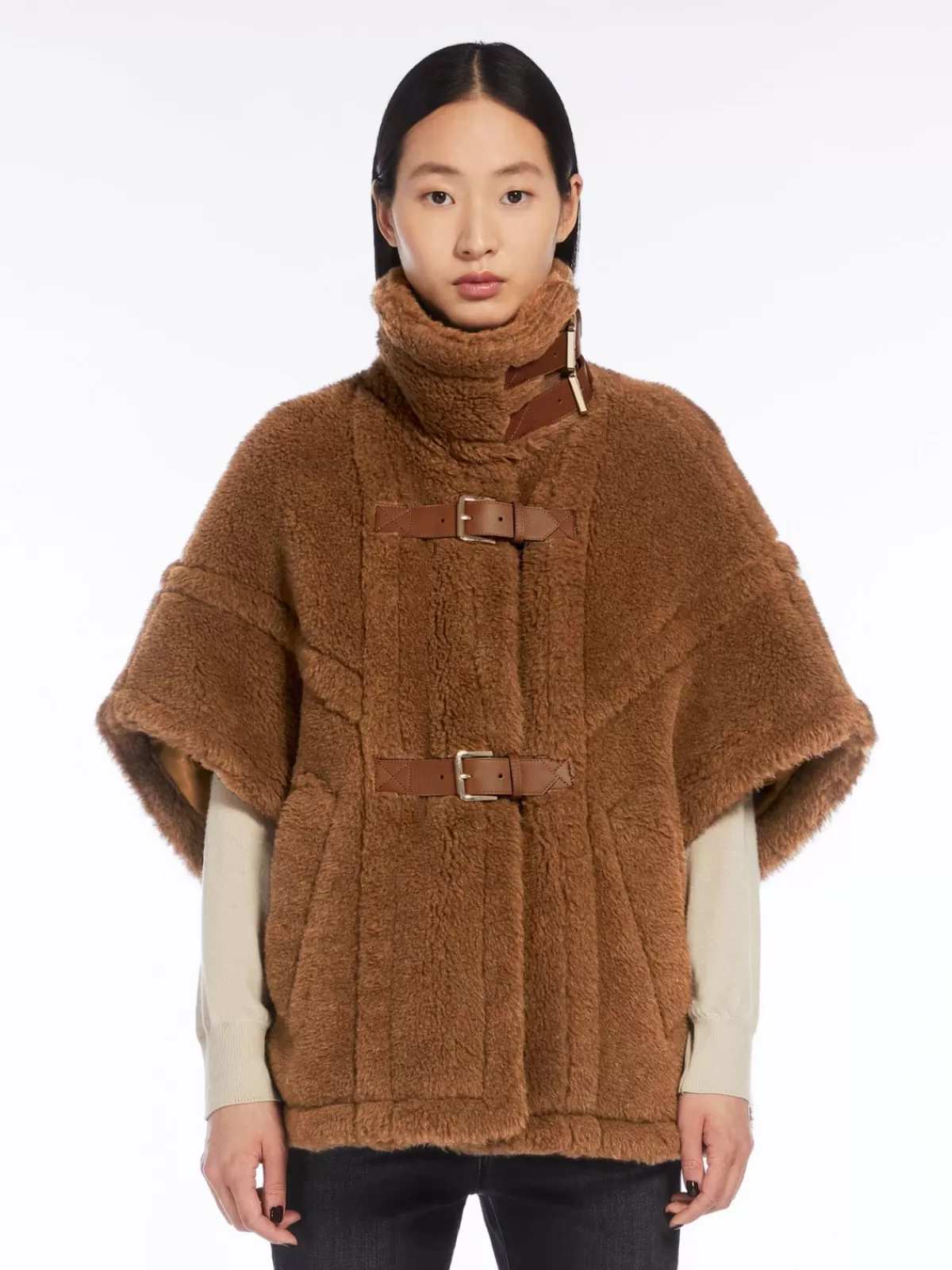 Capes*Max Mara Teddy fabric cape with straps CAMEL