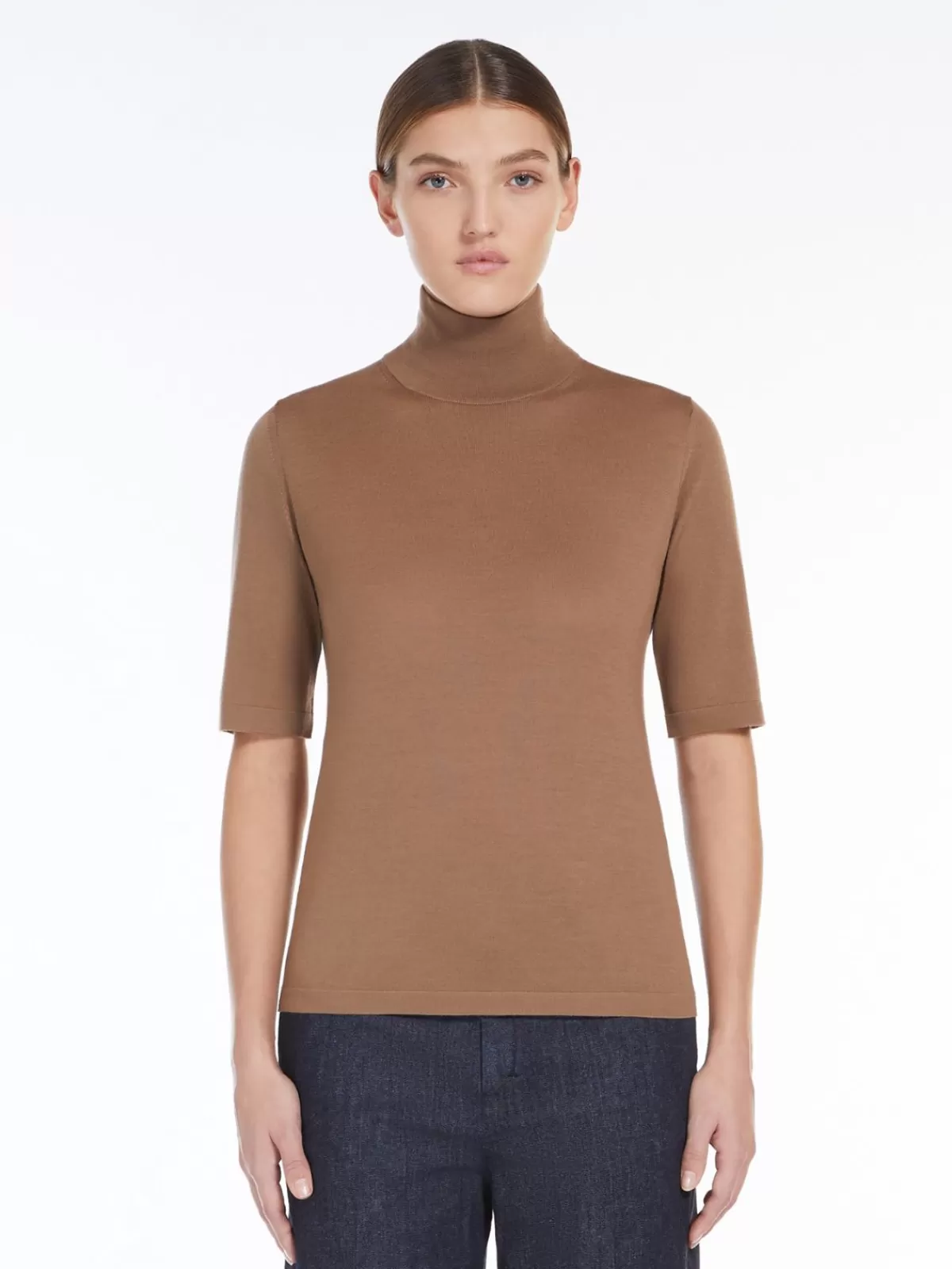 Knitwear*Max Mara Wool yarn polo-neck sweater CAMEL